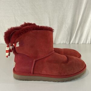 UGG MINI BAILEY BOW STRIPE SHORT ANKLE BOOTS RED SUEDE LEATHER Women’s 8